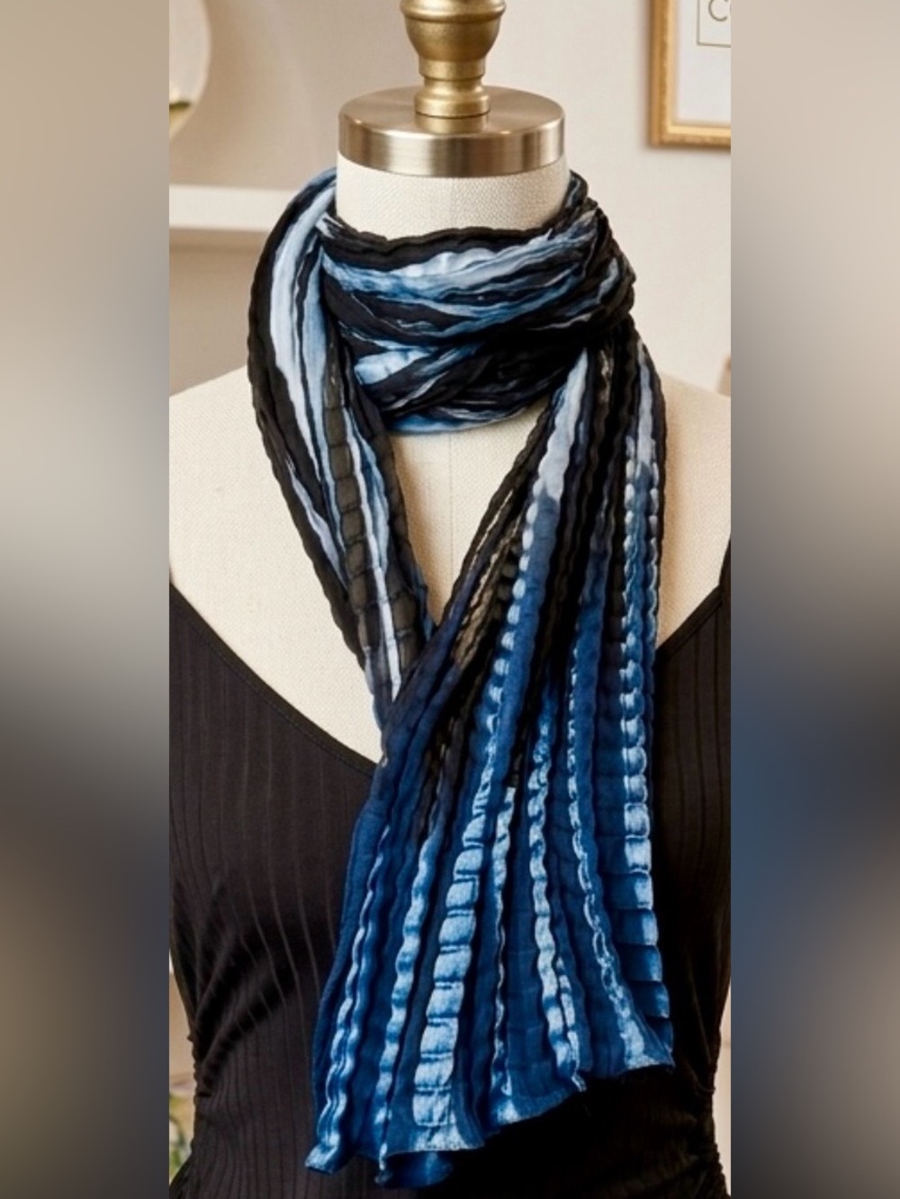 Chico's Blue and Black Pleated Striped Scarf